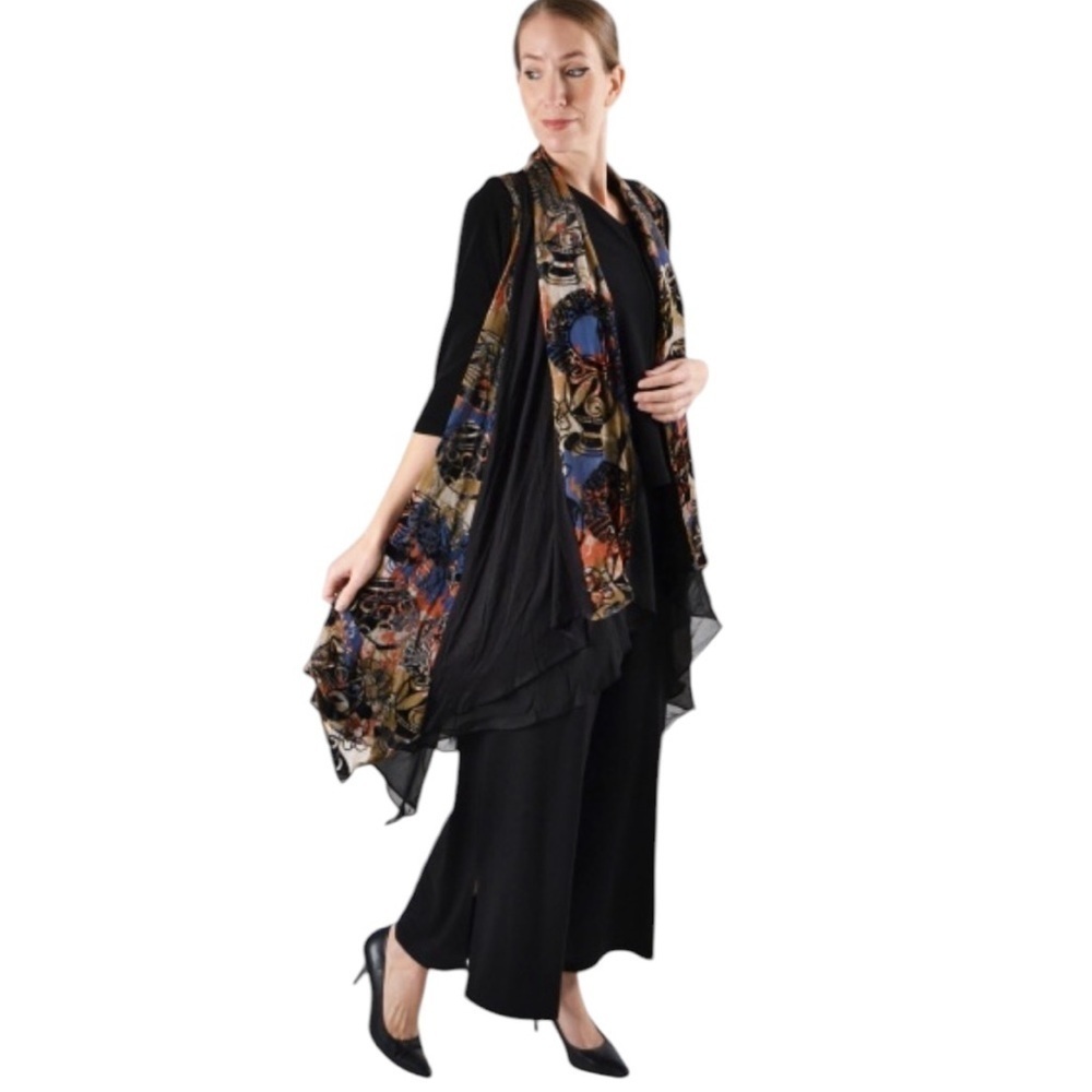 Aris.A Evening Vest Chiffon Floral with Inset Panels Black Knit Tunic Size Small - Picture 2 of 8